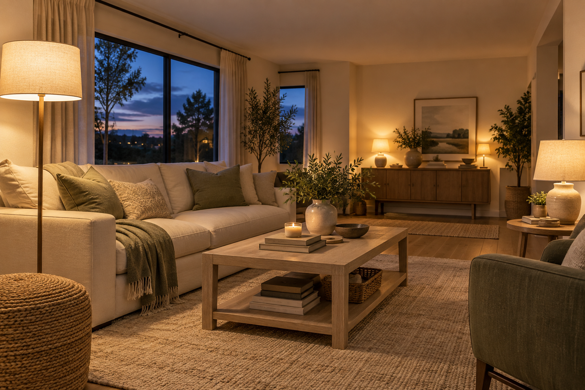 Living room at dusk with layered floor and table lamps, an ivory sofa, and no ceiling lights